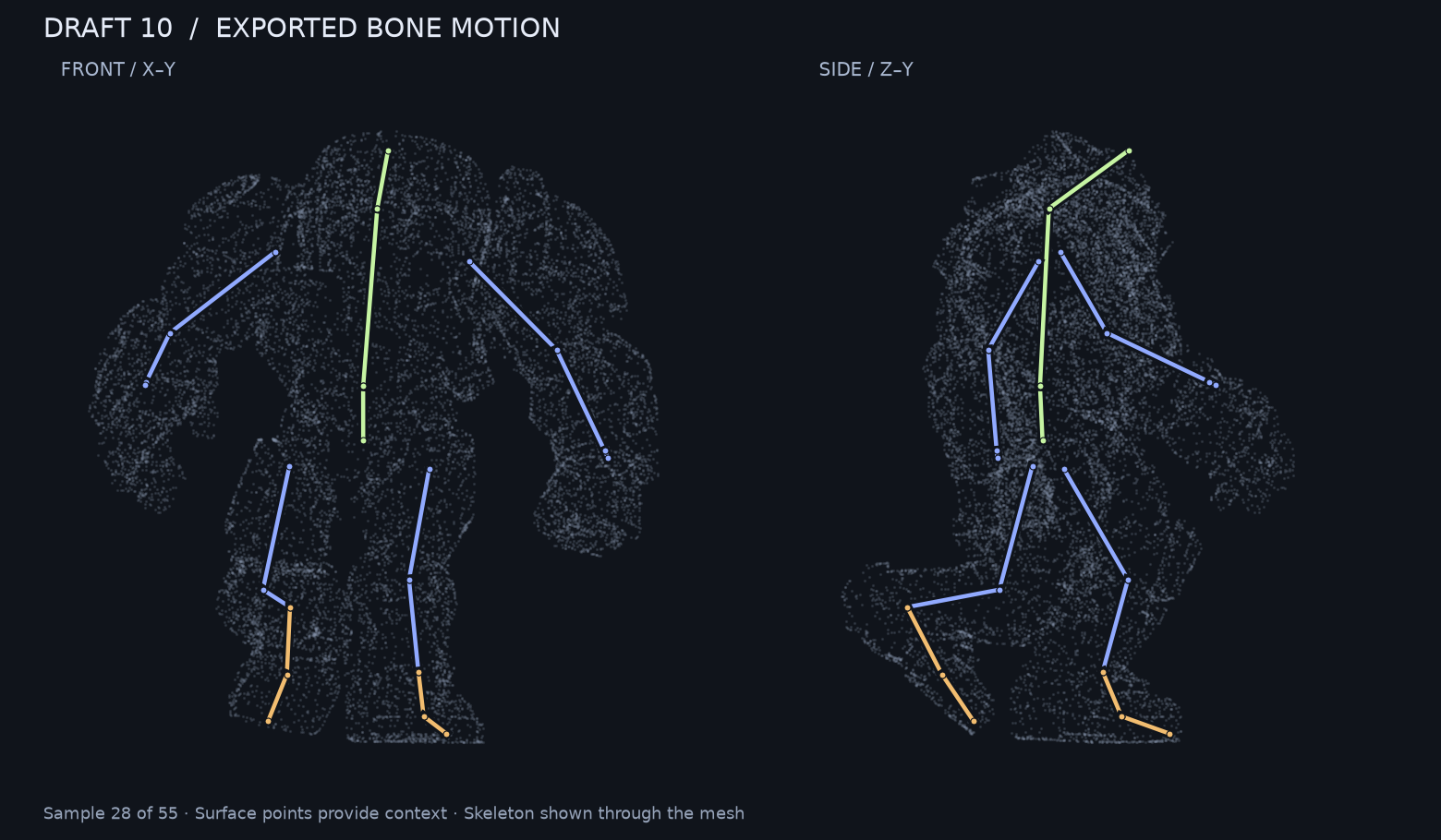 Front and side projections of the final 17-bone skeleton at animation sample 28, with mesh surface points behind it