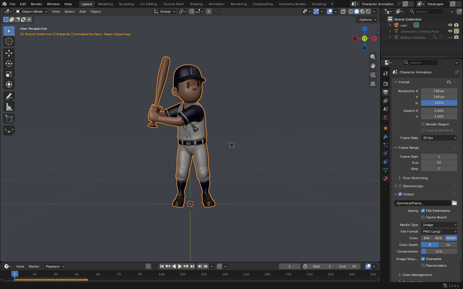 The character in the real Blender 3D workspace